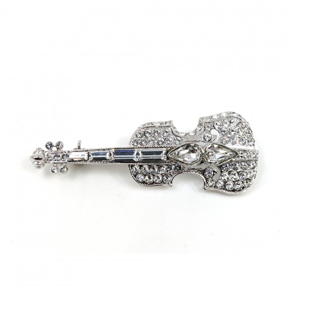 Violin Swarovski silver brooch