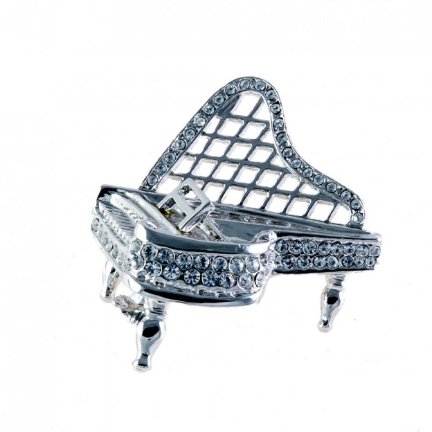 Grand piano Swarovski silver brooch