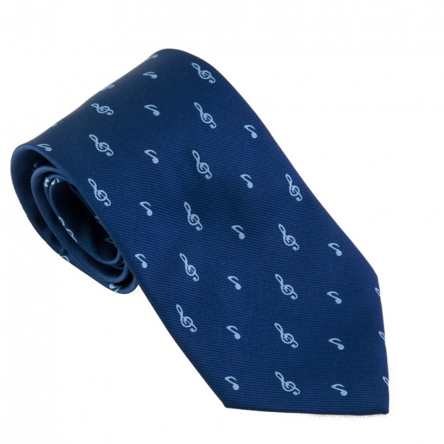 Corbata de seda azul con claves de sol