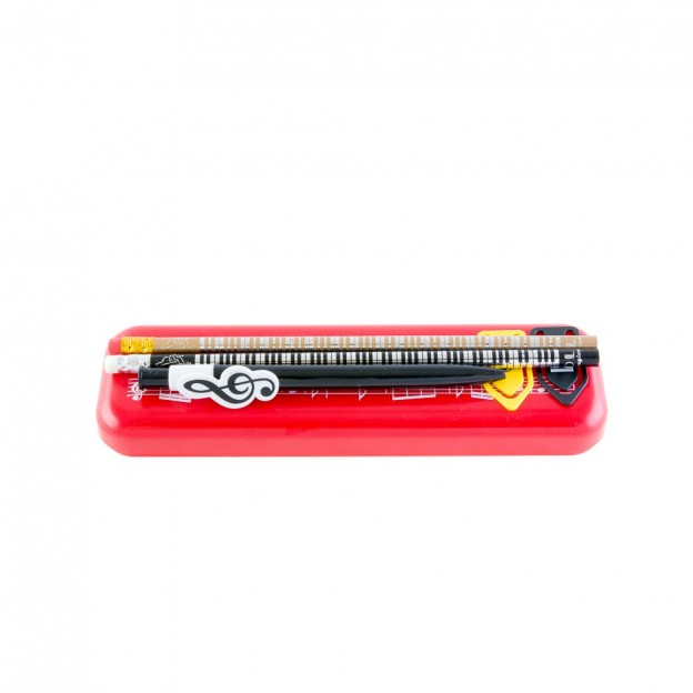 Plumier rojo "Music always be with you" con l&aacute;pices y clips