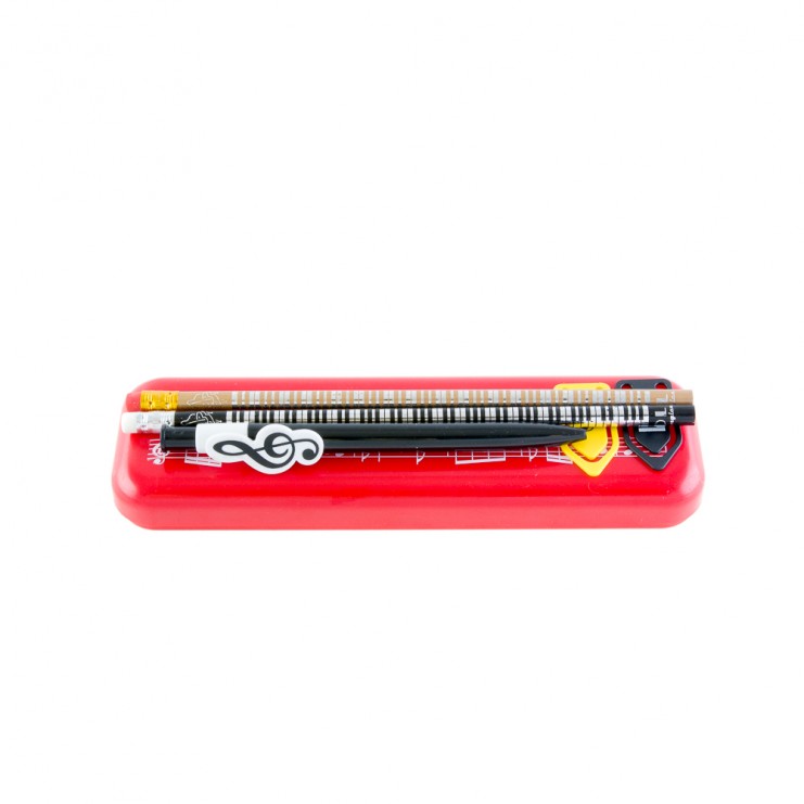 Plumier rojo "Music always be with you" con lápices y clips
