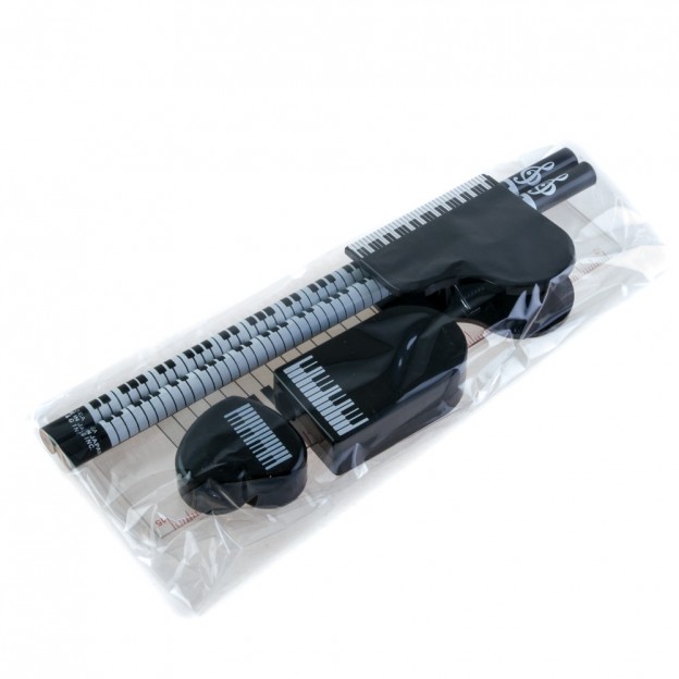 Set clavier de piano avec 2 crayons, règle, gomme, taille-crayon et pince