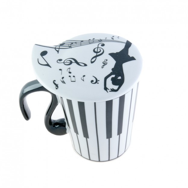 Tasse en porcelaine avec couvercle (table d'harmonie), clavier de piano et danseuse