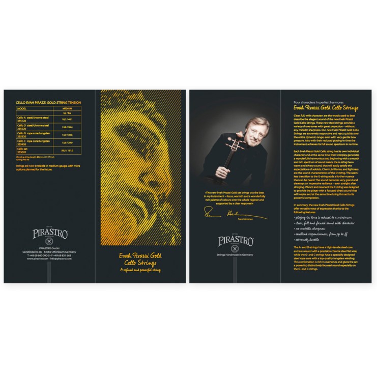 Dépliant sur les cordes Pirastro Evah Pirazzi Gold pour violoncelle