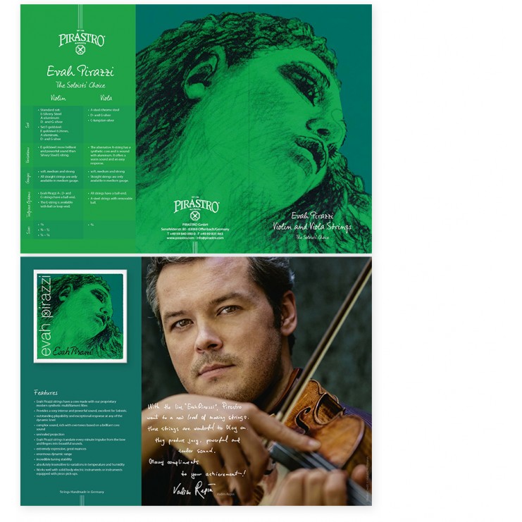 Dépliant trois volets sur les cordes Pirastro Evah Pirazzi pour violon/Alto