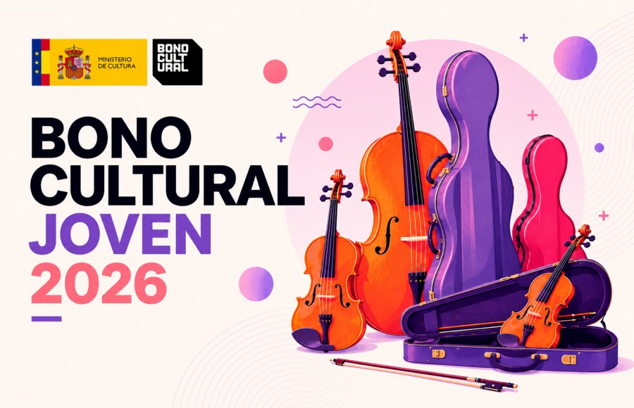 Cartel del Bono Cultural Joven 2026 con instrumentos musicales