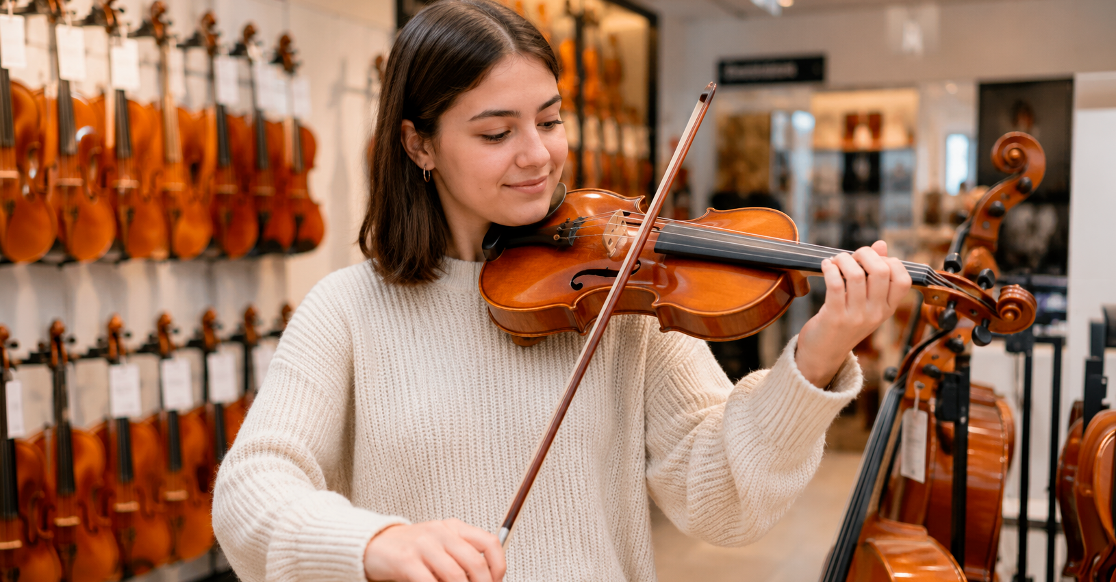 Joven tocando un violín en una tienda de instrumentos musicales